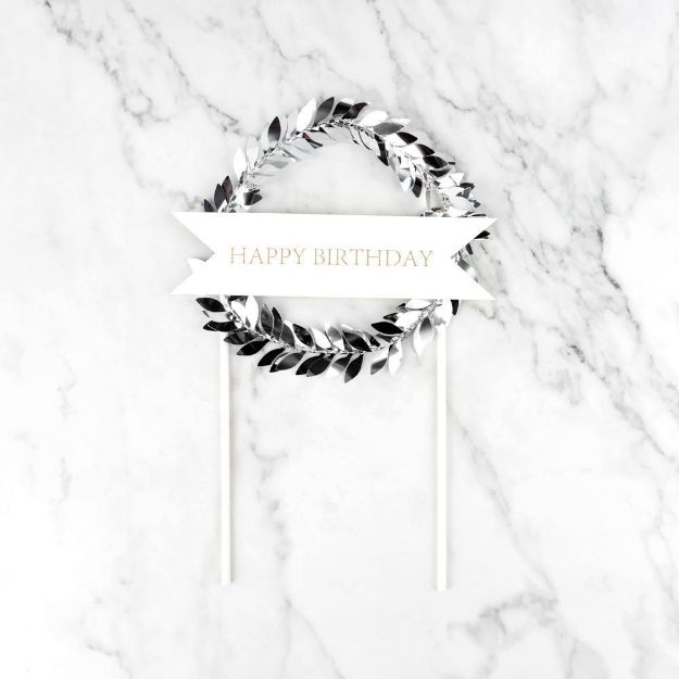 Picture of Happy Birthday Wreath Topper Silver